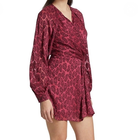 IRO Tiestina Leopard Print Mini Dress Red Pink Party Evening Long Sleeve Wrap - Picture 1 of 14
